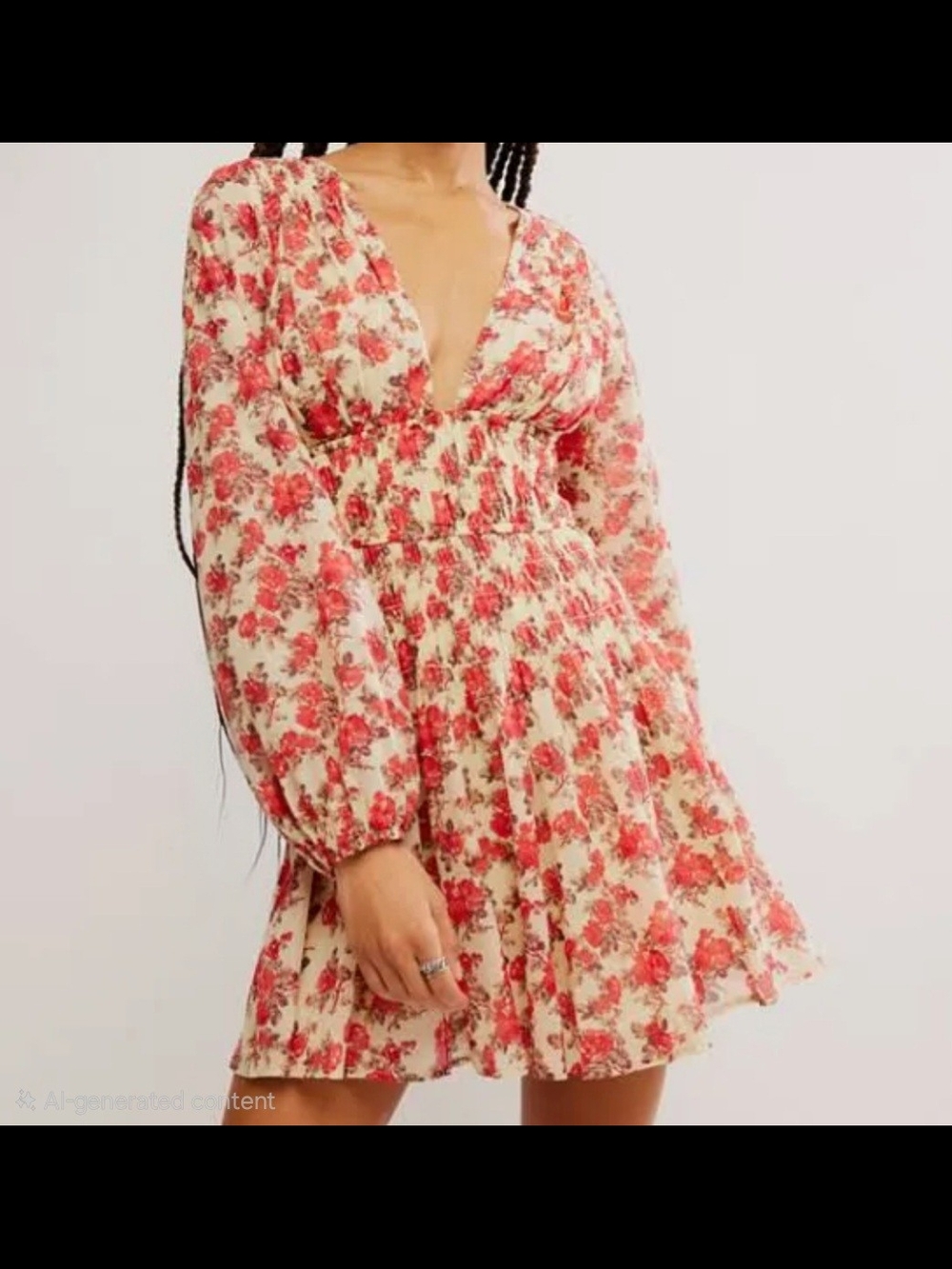 Free People Keep You Smocked Mini Dress Long Balloon Sleeve V Neck Size S - Picture 1 of 13